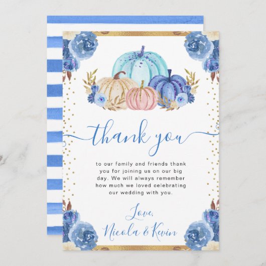 Blauw en Goud Bloemen Pompoenen Fall Wedding Bedankkaart (Voorkant / Achterkant)