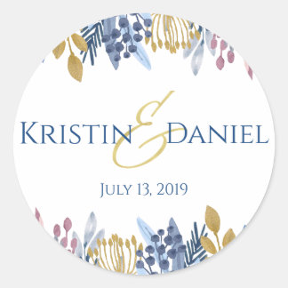 Blauw en Goud Bloemen Ronde Sticker