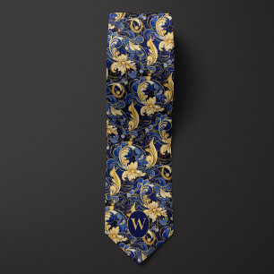 Blauw en goud bloemenmonogram stropdas