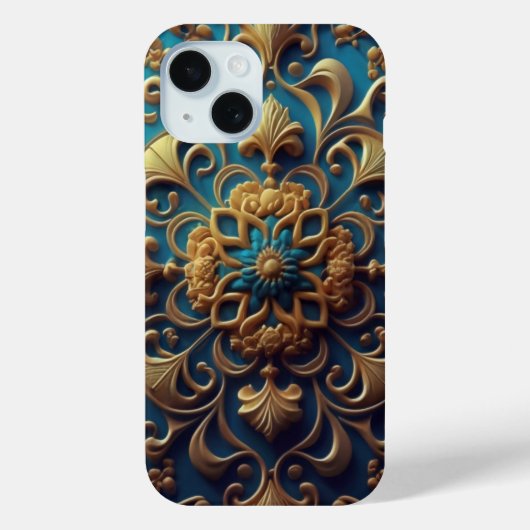 Blauw en goud bloemmotief Case-Mate iPhone case (Achterkant)