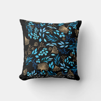 Blauw en Goud Bloempatroon Voeg Jouw namen toe Kussen