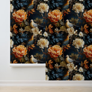Blauw en Goud Boho Bloemenvogel Victoriaans Behang