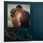 Blauw en Goud Botanisch Elegant Trouwen Drieluik Uitnodiging (Binnenzijde eerst)