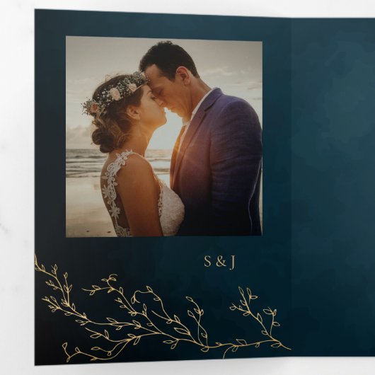 Blauw en Goud Botanisch Elegant Trouwen Drieluik Uitnodiging (Binnenzijde eerst)