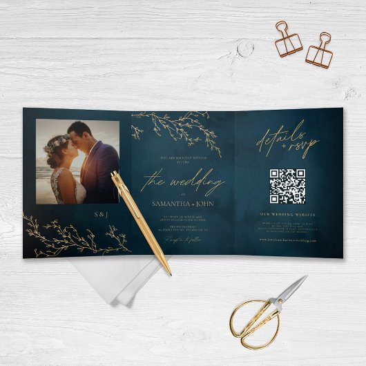 Blauw en Goud Botanisch Elegant Trouwen Drieluik Uitnodiging