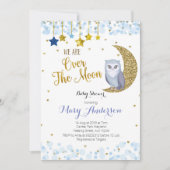 Blauw en goud boven het Moon Owl Baby shower Kaart (Voorkant)
