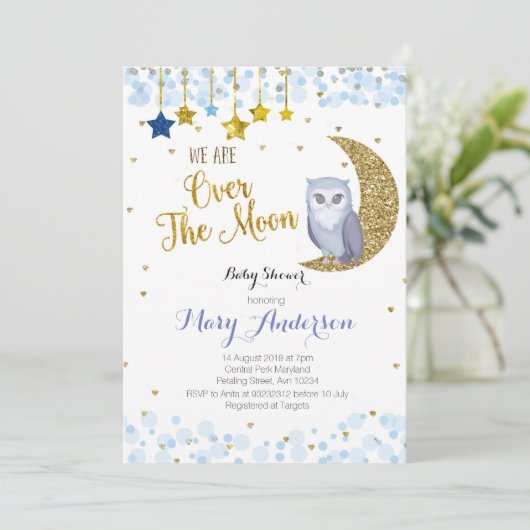 Blauw en goud boven het Moon Owl Baby shower Kaart (Staand voorkant)