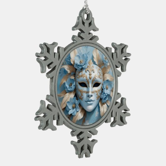 Blauw en goud carnaval masker tin sneeuwvlok ornament (Links)