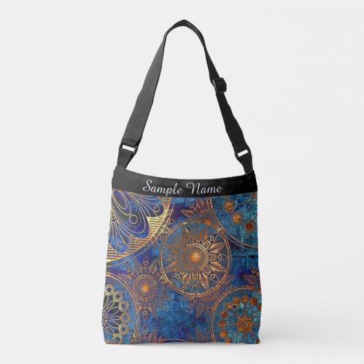 Blauw en Goud Celestial Mandala Custom Name Crossbody Tas (Voorkant)