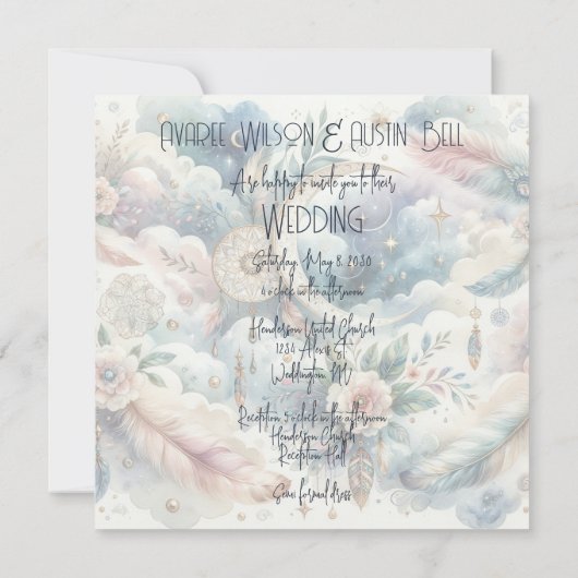 Blauw en Goud Celestial Moon Dream Catcher Bruilof Kaart (Achterkant)