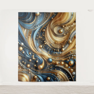 Blauw en goud combinatie op abstracte golven kunst wandkleed