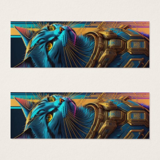 Blauw en Goud Cyberpunk Cat Bladwijzer Mini Visitekaartjes (Voorkant /achterkant)