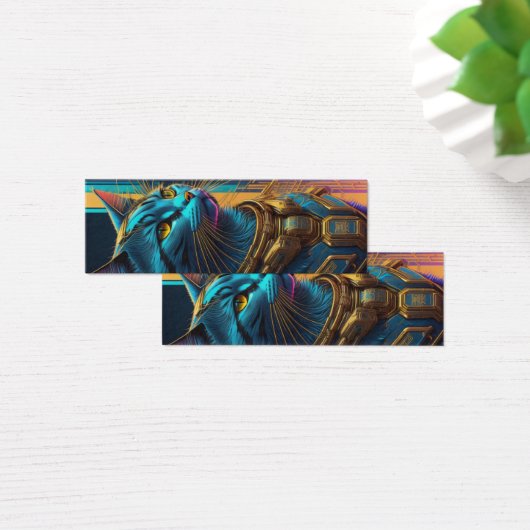 Blauw en Goud Cyberpunk Cat Bladwijzer Mini Visitekaartjes (Bureau)
