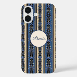 Blauw en Goud Damaskstrepen iPhone 16 Hoesje