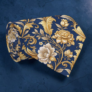 Blauw en goud damast bloemenpatroon op maat gemaak stropdas