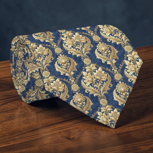 Blauw en goud damast maatwerk stropdas