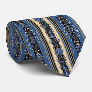 Blauw en goud damast strepen stropdas