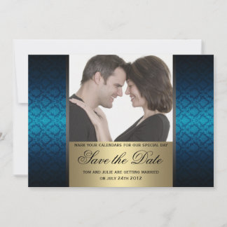 Blauw en goud damasten save the date foto