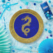 Blauw en goud drakenpatroon papieren bordje (Feest)