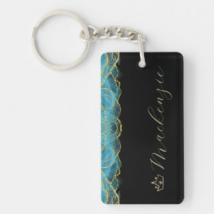Blauw en Goud Elegant Script Gepersonaliseerd Sleutelhanger