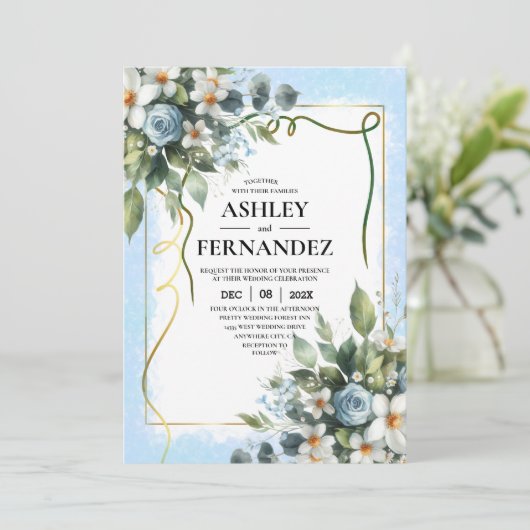 Blauw en Goud Elegante Bloemen Rustieke Waterverf Kaart (Staand voorkant)