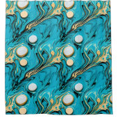 Blauw en Goud Fluid Art Abstracte Bubbels Douchegordijn (Voorkant)