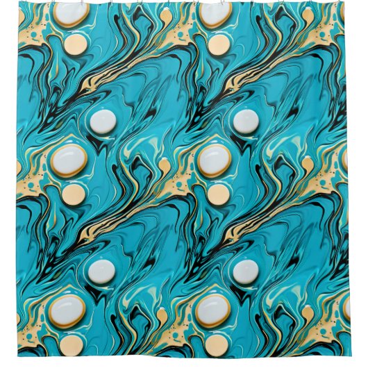 Blauw en Goud Fluid Art Abstracte Bubbels Douchegordijn (Voorkant)