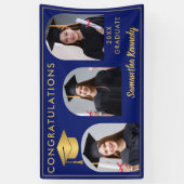 Blauw en Goud Gefeliciteerd 3 Foto Afstuderen Spandoek (Verticaal)