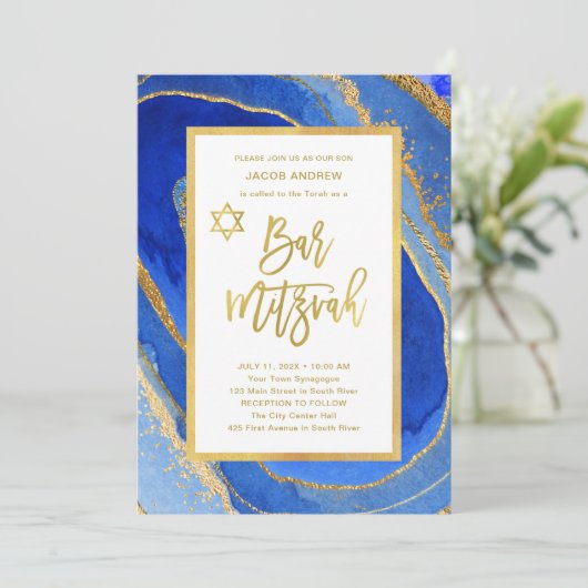 blauw en goud geode | Bar Mitzvah Kaart (Staand voorkant)