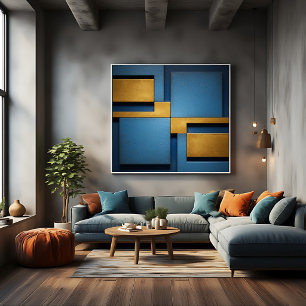 Blauw en goud geometrisch abstract luxe canvas afdruk