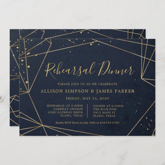 Blauw en goud geometrisch elegant repetitiediner kaart (Voorkant / Achterkant)