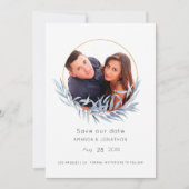 Blauw en goud geometrisch eucalyptusblad bruiloft save the date (Voorkant)