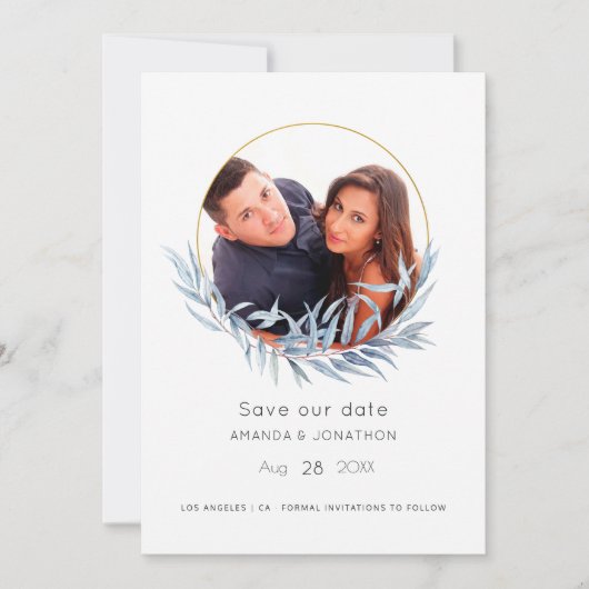 Blauw en goud geometrisch eucalyptusblad bruiloft save the date (Voorkant)