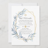 Blauw en Goud Geometrische Eucalyptus Bat Mitzvah Kaart (Voorkant)