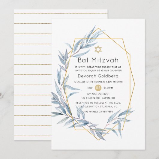 Blauw en Goud Geometrische Eucalyptus Bat Mitzvah Kaart (Voorkant / Achterkant)