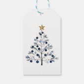 Blauw en goud gepersonaliseerde vrolijke kerstbome cadeaulabel (Achterkant)