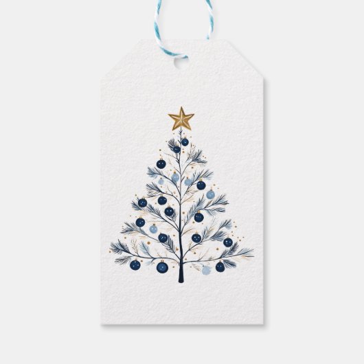 Blauw en goud gepersonaliseerde vrolijke kerstbome cadeaulabel (Achterkant)