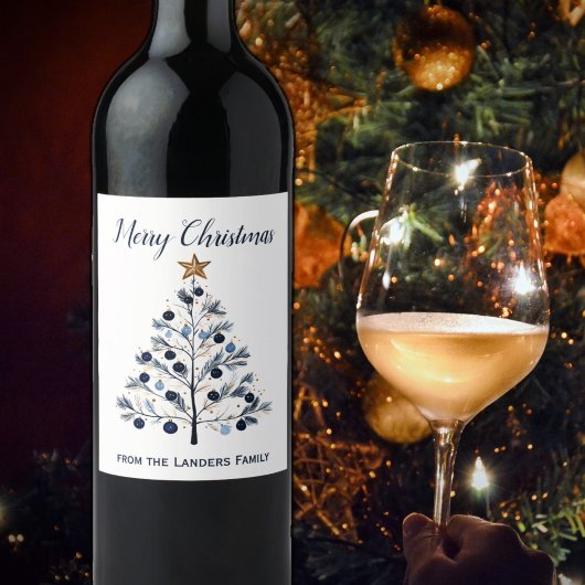 Blauw en goud gepersonaliseerde vrolijke kerstbome wijn etiket