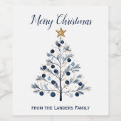 Blauw en goud gepersonaliseerde vrolijke kerstbome wijn etiket (Enkel label)