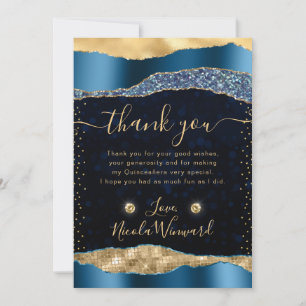 Blauw en goud glam tranen bokeh Quinceanera Bedankkaart