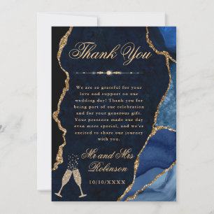 Blauw en goud glinsterend agaat & marmeren bruilof bedankkaart