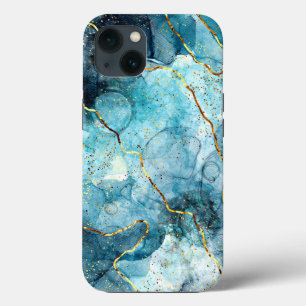 Blauw en goud glinsterend marmer iPhone 13 hoesje