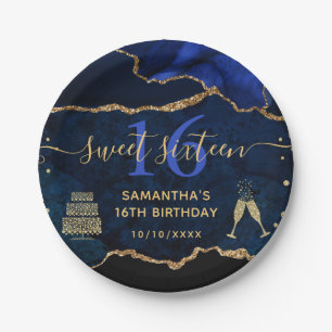 Blauw en goud glinsterende agat marmeren Sweet 16 Papieren Bordje