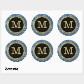 Blauw en goud glitter monogram ronde sticker (Vel)