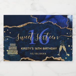 Blauw en goud glitters agaat marmer Sweet 16 Sparkling Wijnetiket