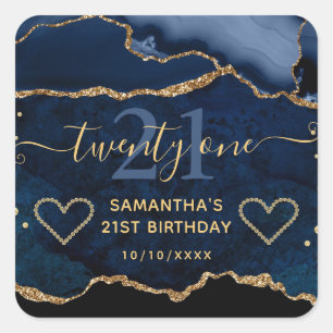 Blauw en goud glitters agatemarmer 21e verjaardag vierkante sticker