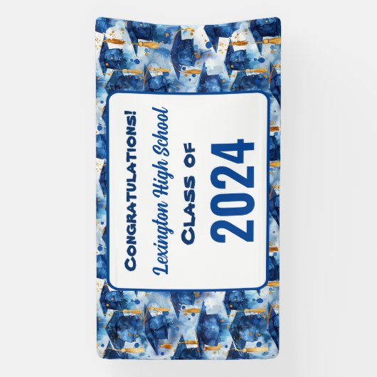 Blauw en Goud Graduation Cap Custom Party Banner (Verticaal)