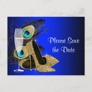 Blauw en Goud High Heel Shoe Peacock Save The Date Aankondigingskaart