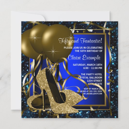 Blauw en Goud High Heels Verjaardagsfeest Kaart (Voorkant)