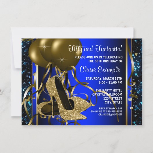 Blauw en Goud Hoge Hakken Vrouwen Verjaardagsfeest Kaart (Voorkant)